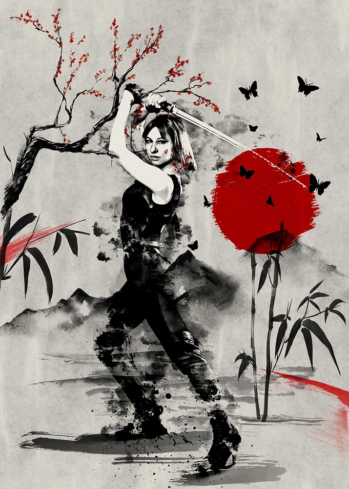 Female Warrior with Katana in Ink Style