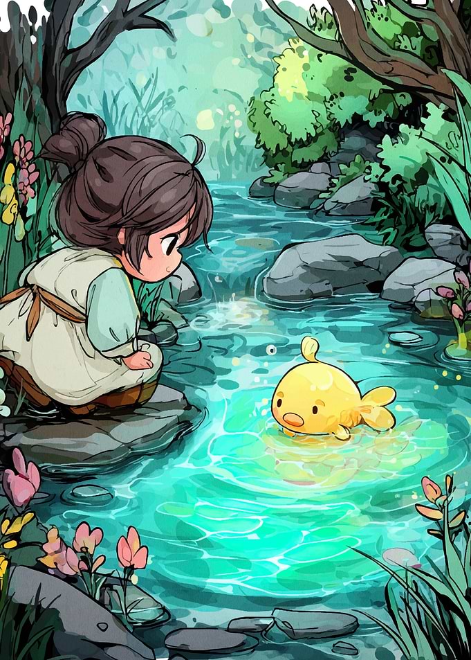Girl and Fish by the Stream