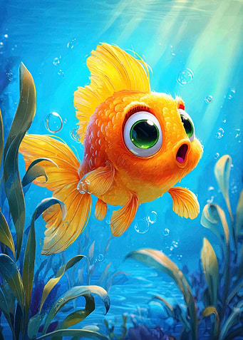 Cartoon Goldfish in Blue Water