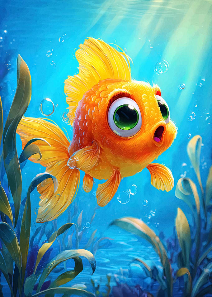 Cartoon Goldfish in Blue Water