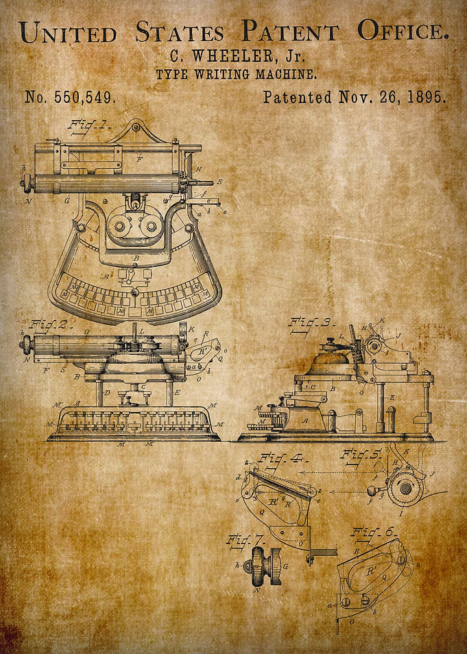 1895 vintage type writing machine patent