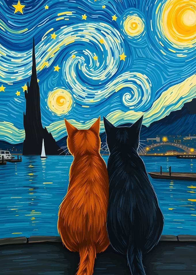 Cats under Starry Night Sky