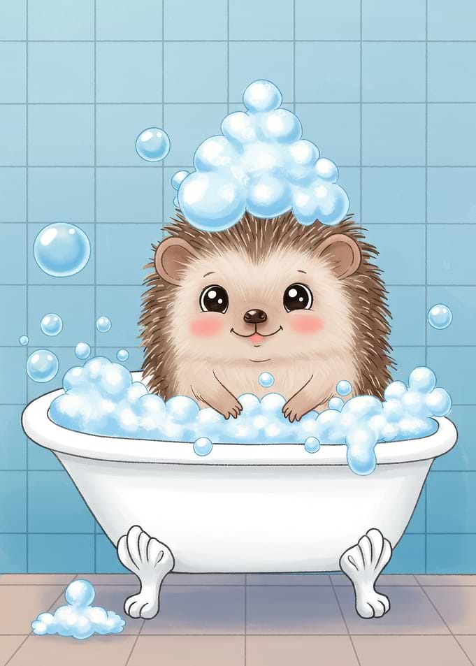 Hedgehog in Bathtub with Bubbles