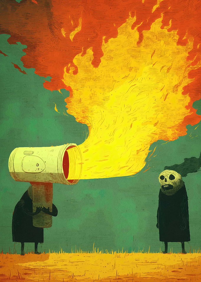 Surreal Fire Extinguisher and Skull Figure