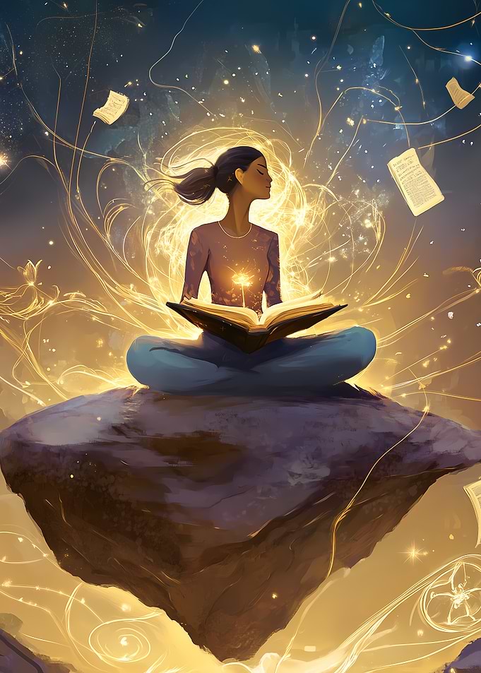 Woman Reading Book on Floating Rock
