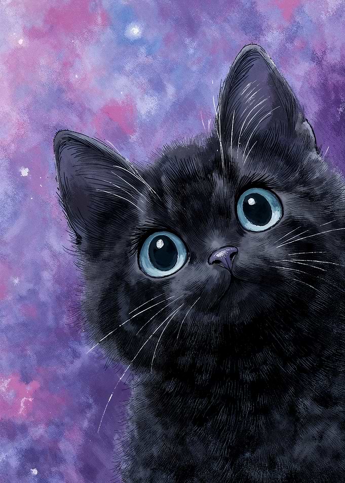 Black Cat with Galaxy Background