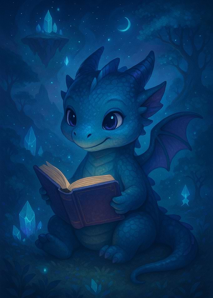 Cute Blue Dragon Reading a Book