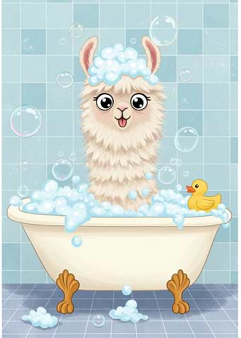 Llama in Bathtub with Bubbles
