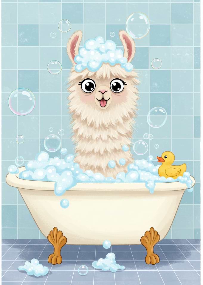Llama in Bathtub with Bubbles