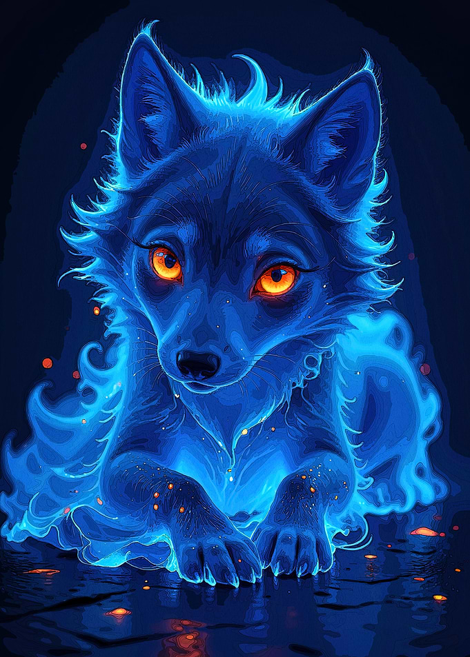 Glowing Blue Wolf Orange Eyes