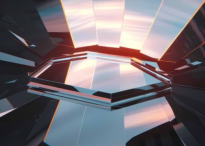 Futuristic hexagonal tunnel made of crystal glass with sunset reflections and sharp geometric light – Túnel hexagonal futurista de cristal con reflejos del atardecer y luces geométricas brillantes