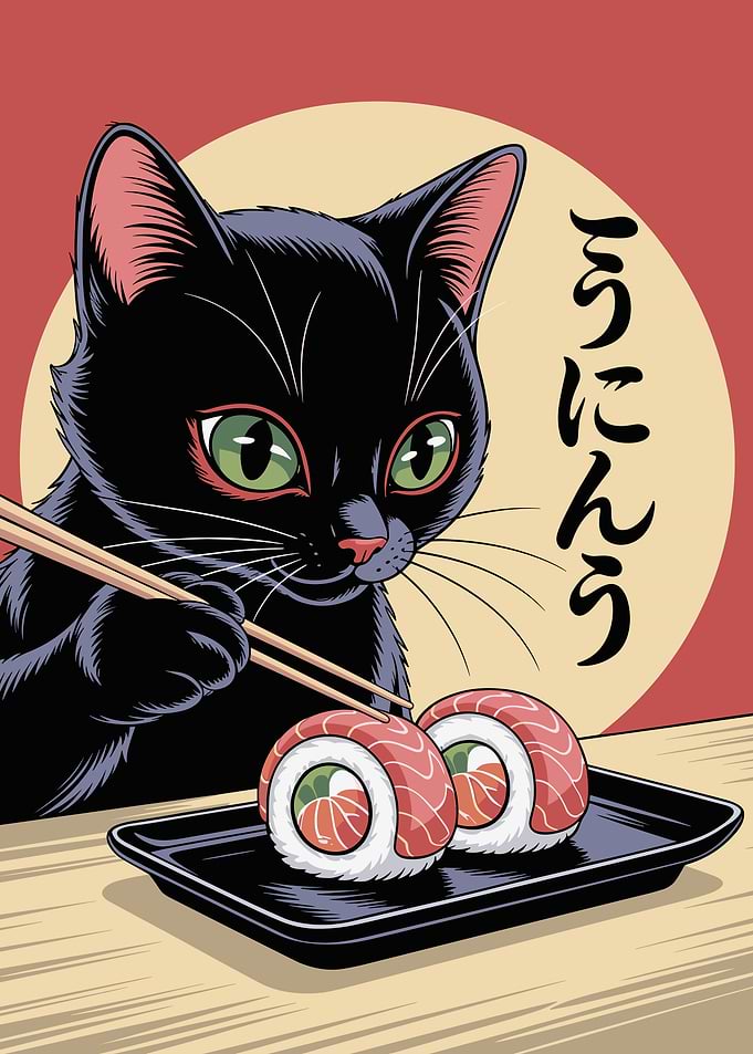 Black Cat Eating Sushi Illustration