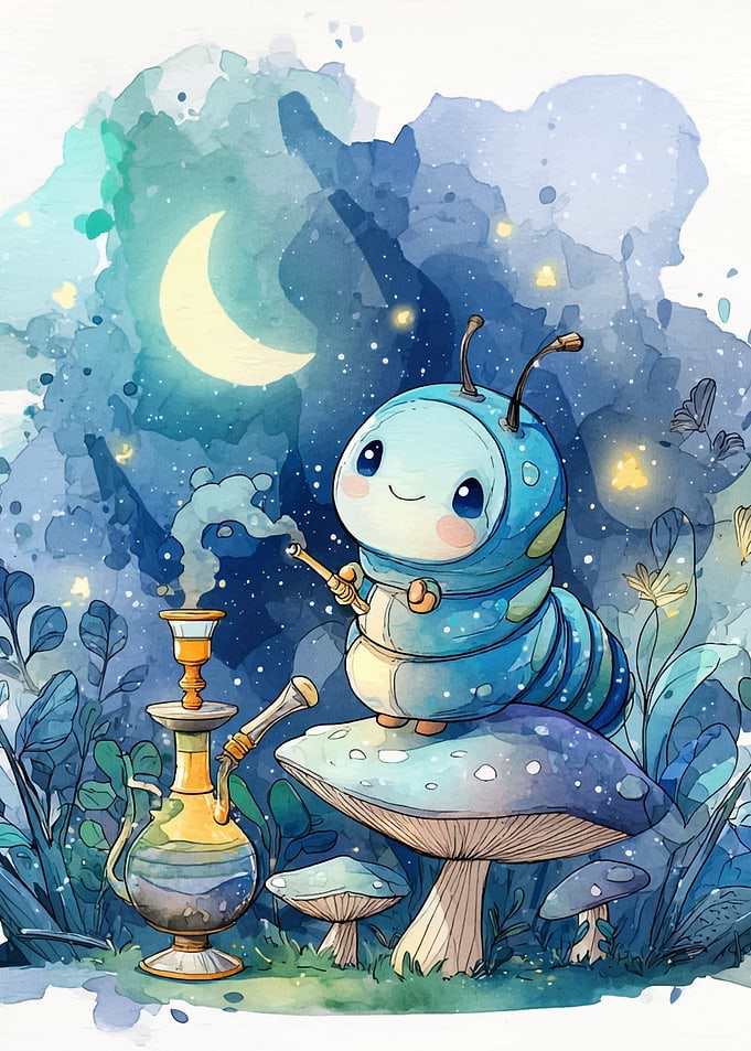 Caterpillar Smoking Hookah on Mushroom