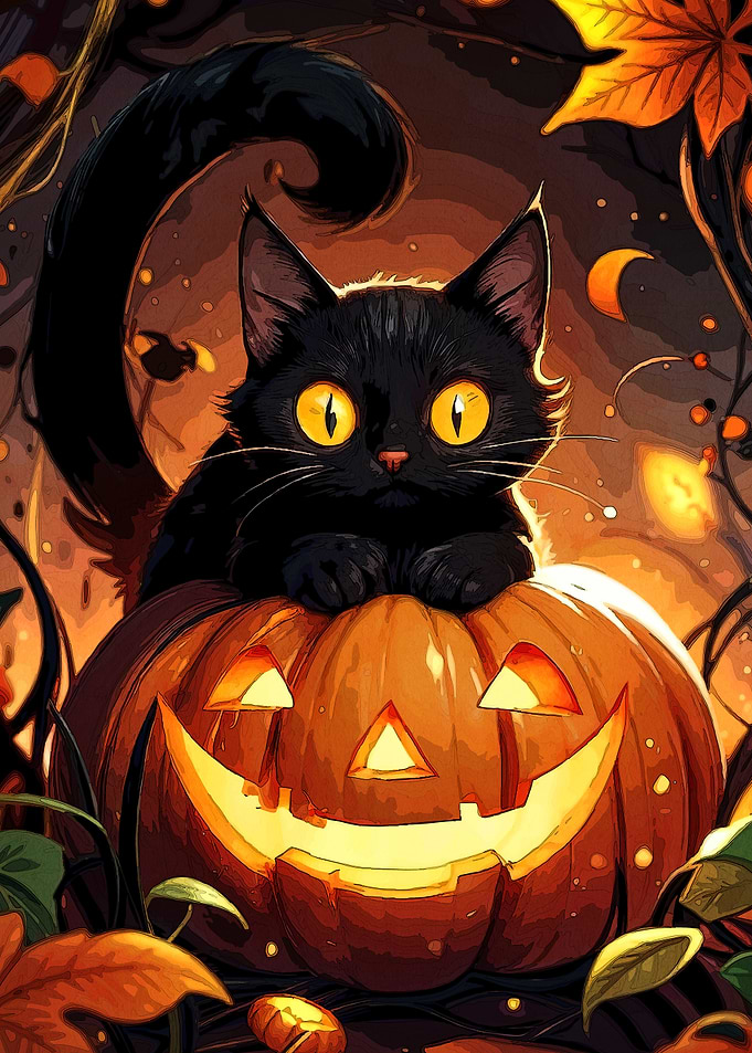 Black Cat on Jack-o'-Lantern