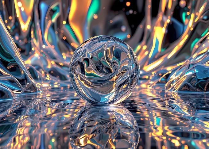 Glass sphere on iridescent reflective surface – Esfera de cristal sobre superficie reflectante iridiscente