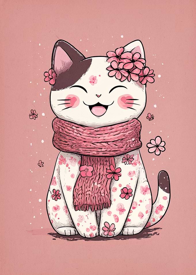 Cute Cat with Flowers and Scarf