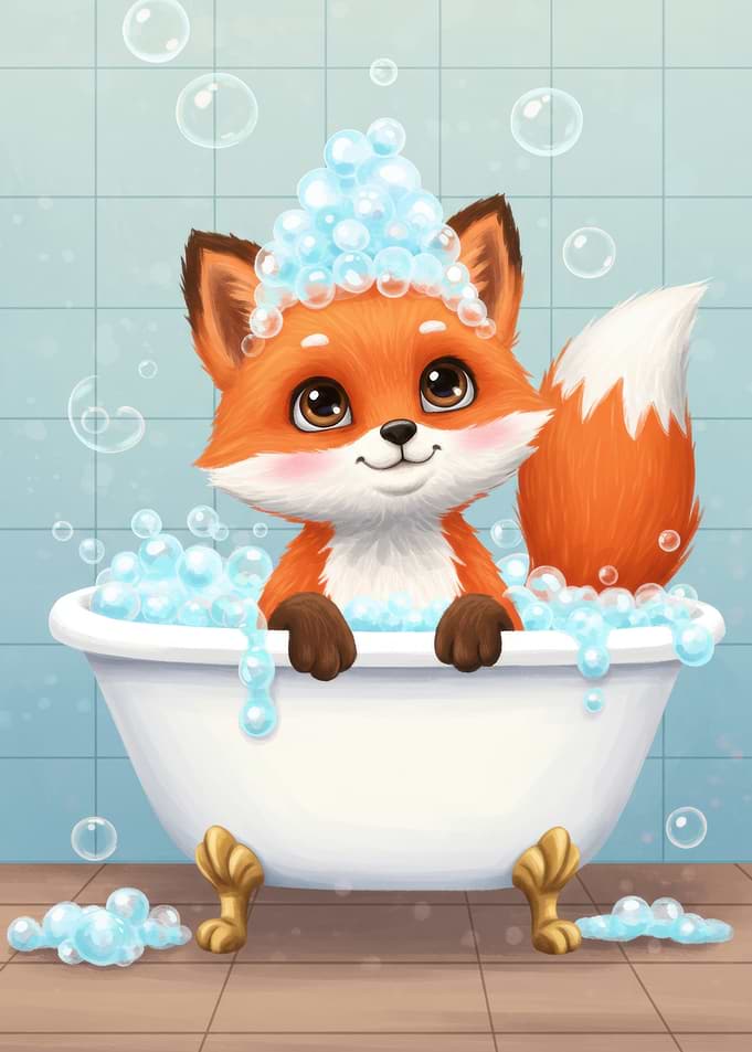 Fox in Bathtub with Bubbles