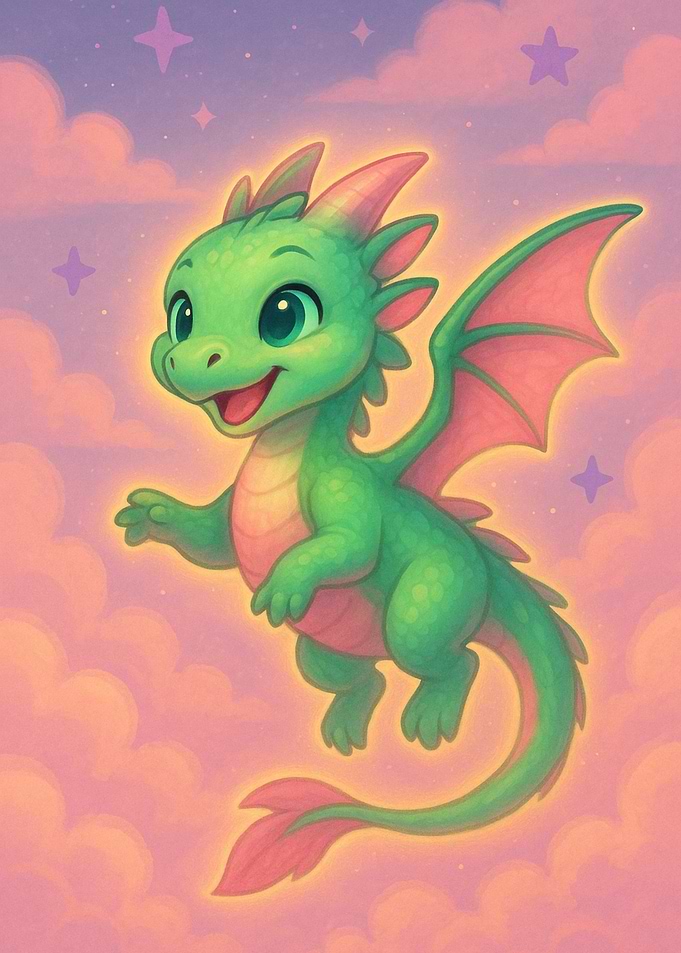 Cute Green Dragon Flying in Clouds