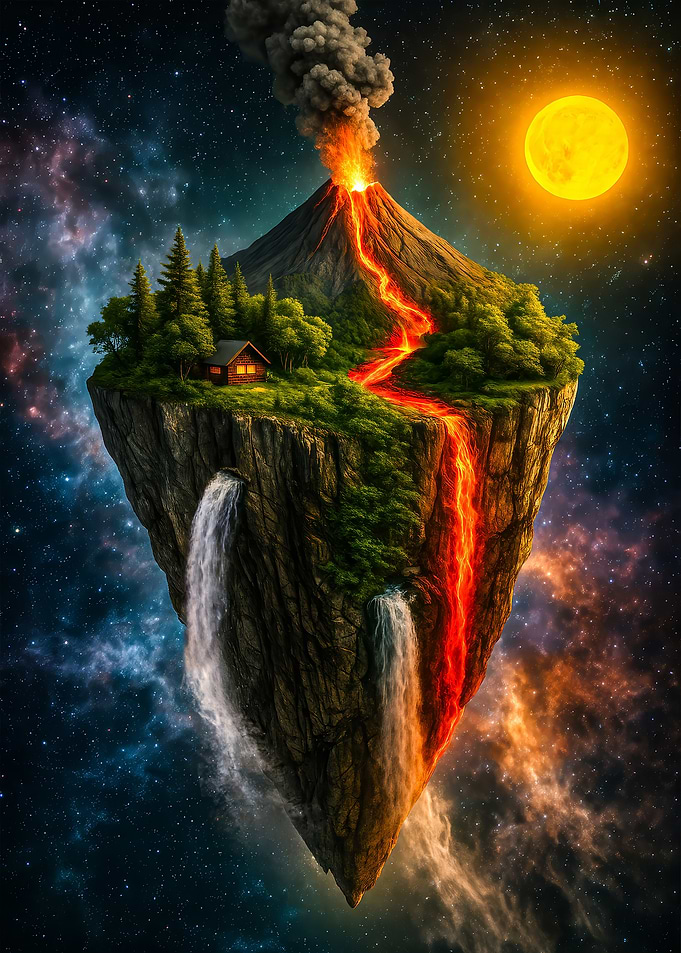 Floating Island with Volcano and Waterfall
