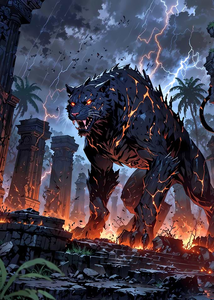 Ancient Titan Tiger in Apocalyptic Stormy Ruins