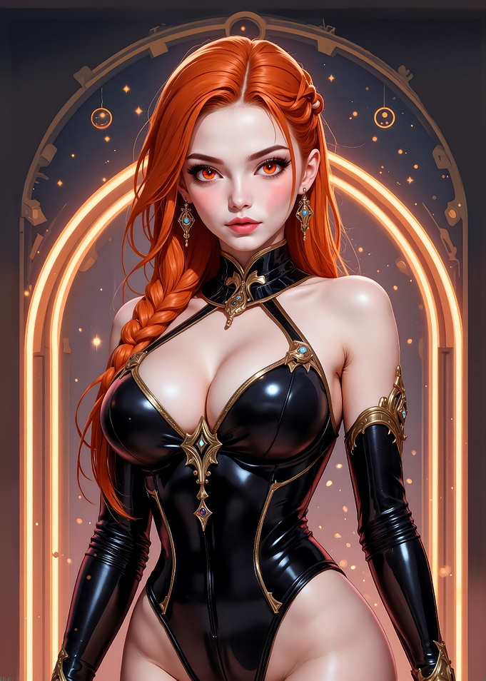 Elegant Red-haired woman in black bodysuit