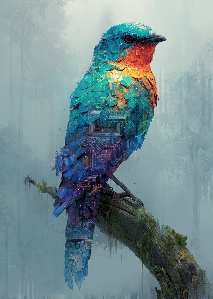 Cybernetic Bird Perched on Branch