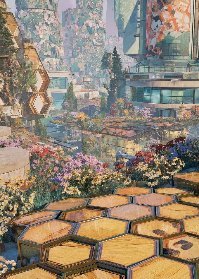 Futuristic Cityscape with Floral Accents