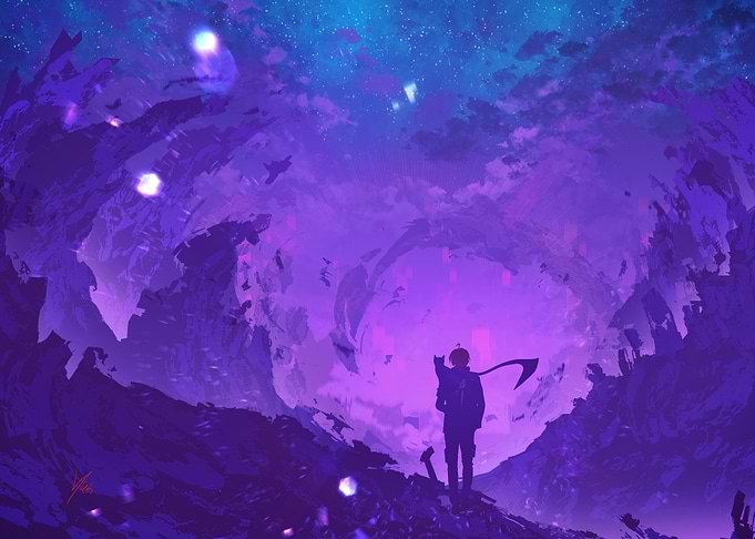 Purple Landscape with Boy and a Cat