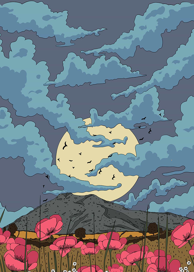 Mountain, Moon, and Poppies Illustration