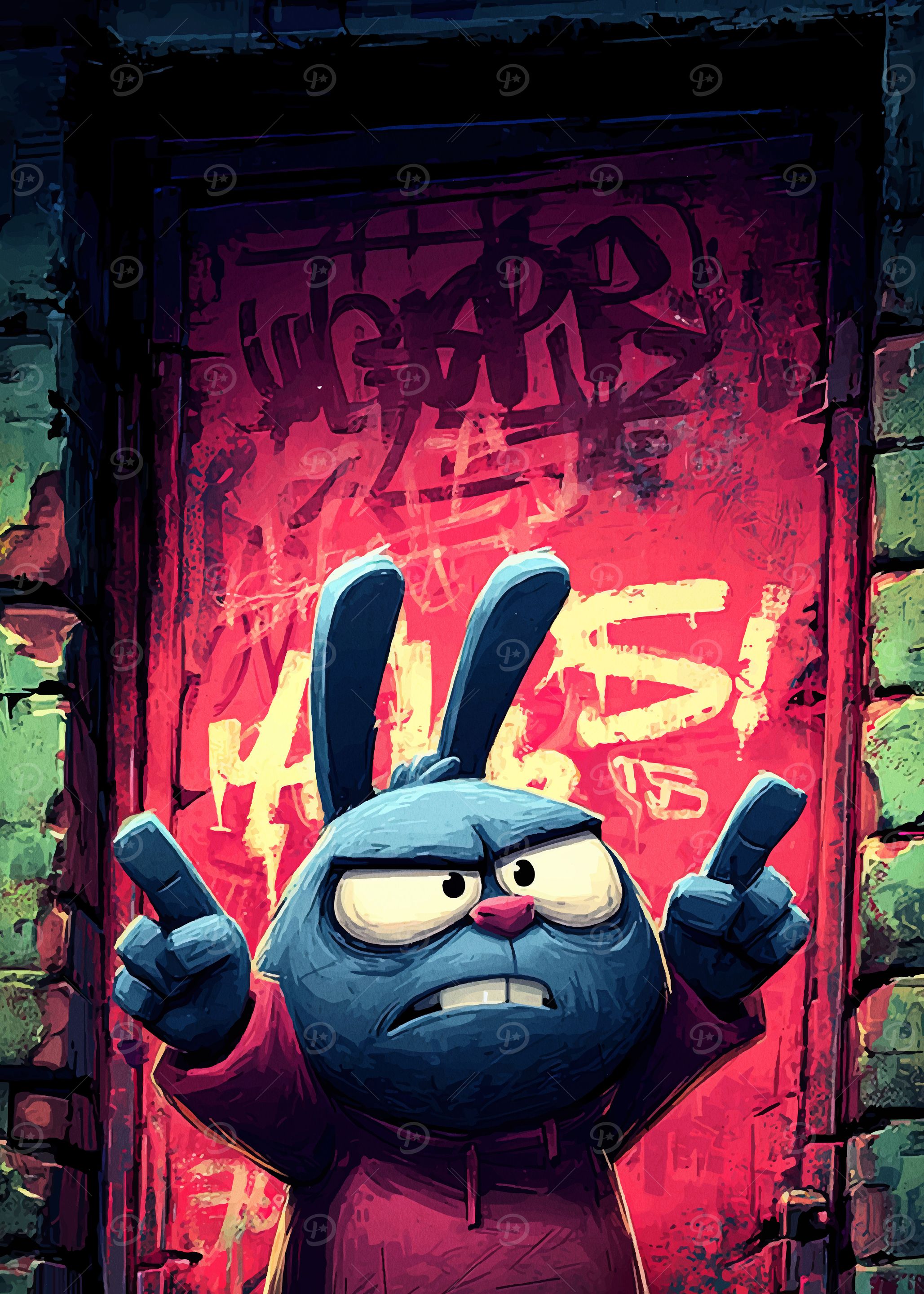 Grumpy Cartoon Rabbit with Graffiti Background