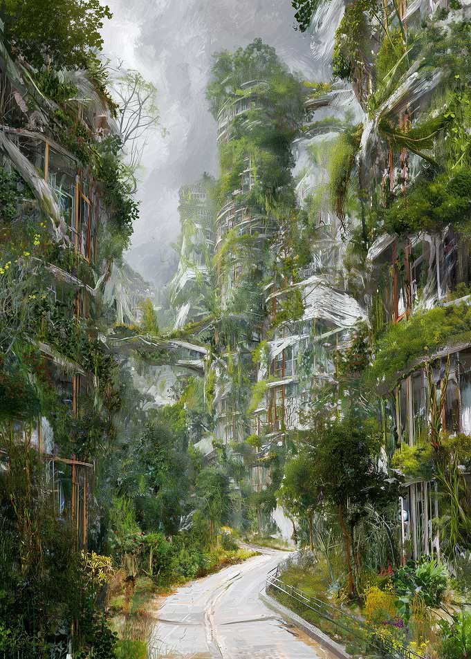 Overgrown Cityscape Painting