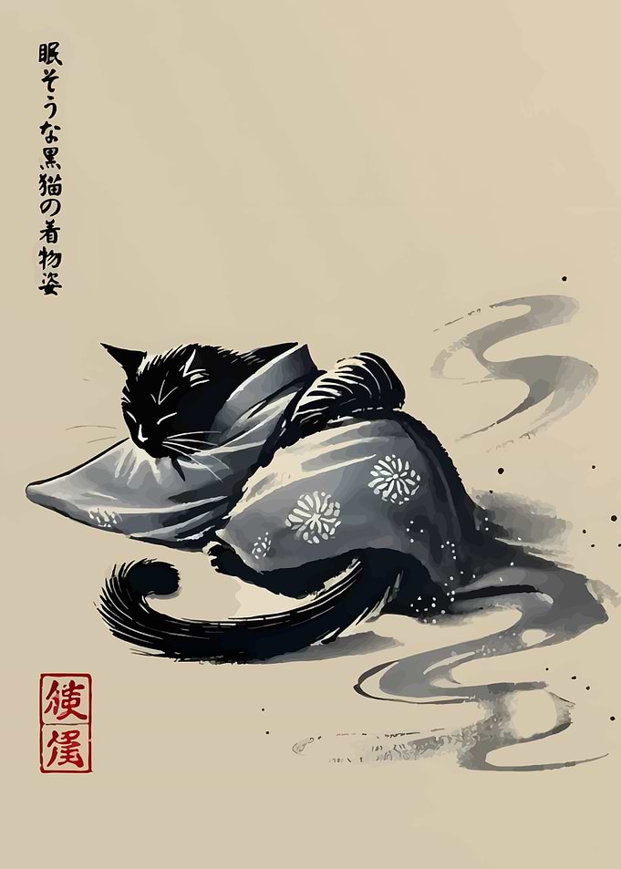 Sleeping Cat in Kimono Art