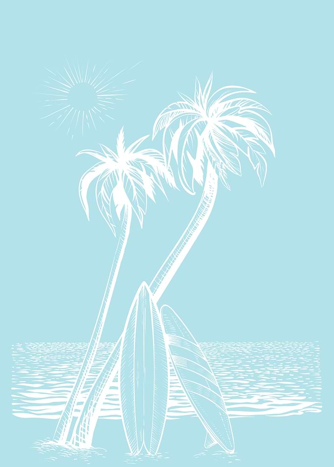 Tropical Beach with Surfboards Illustration