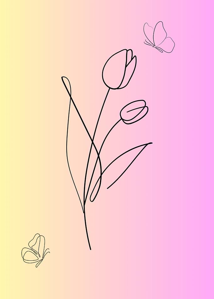 Minimalist Tulips and Butterflies Line Art