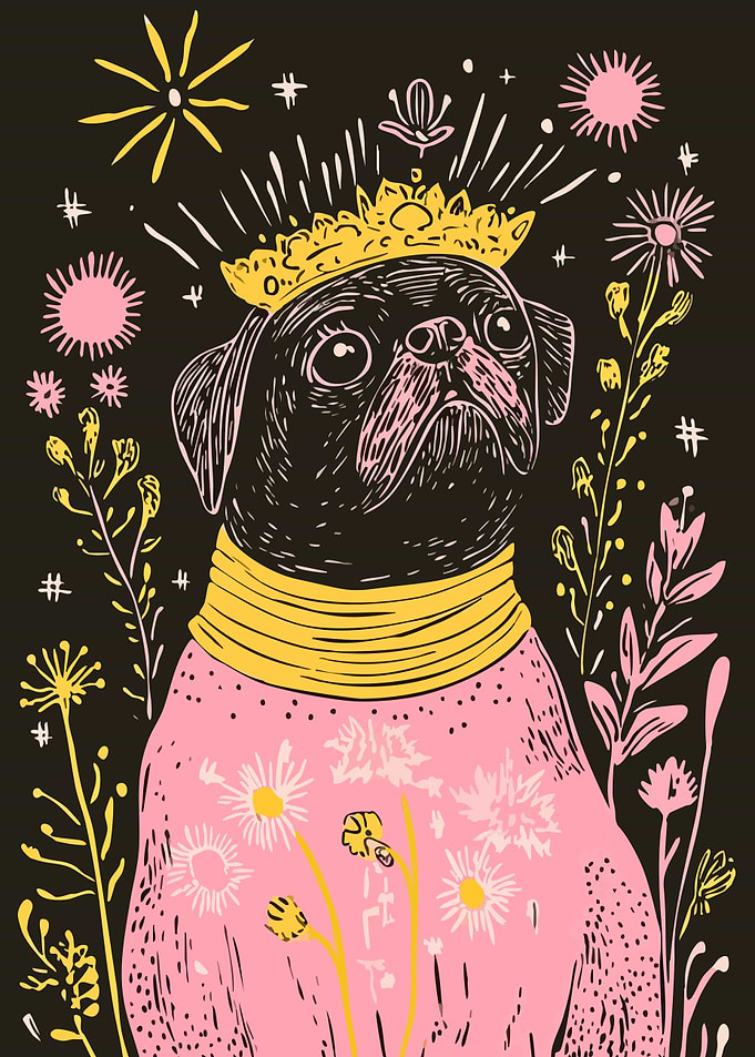Pug Queen with Floral Accents Cute Minimalist Art Illustration