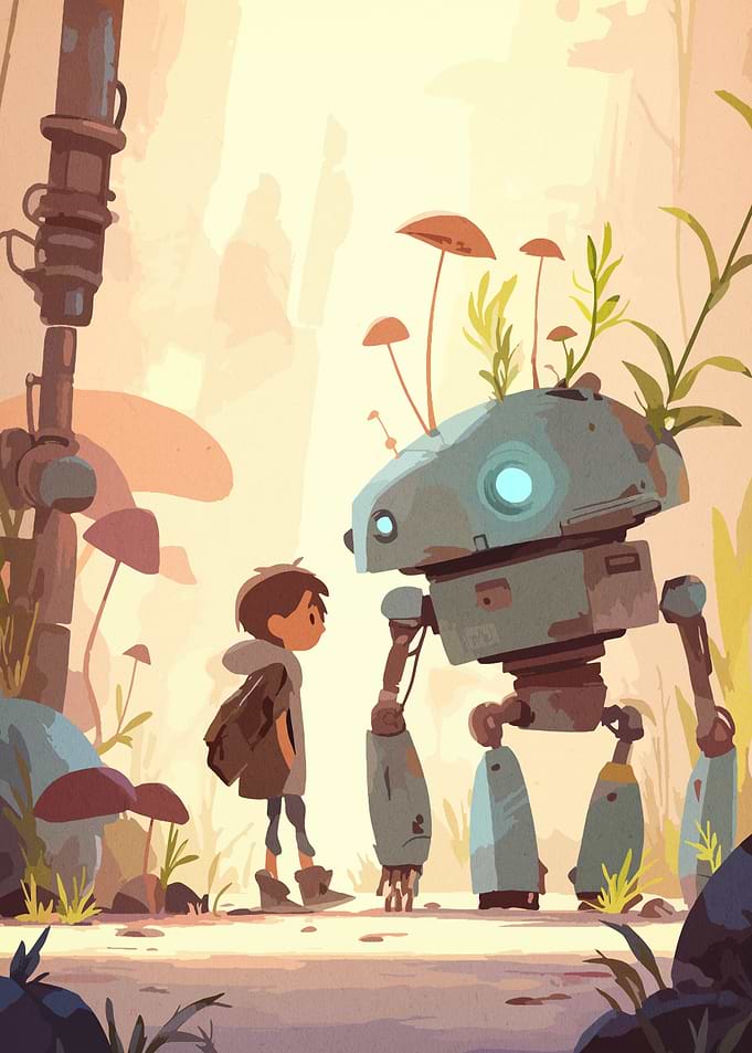 Boy and Robot in a Fantasy Landscape