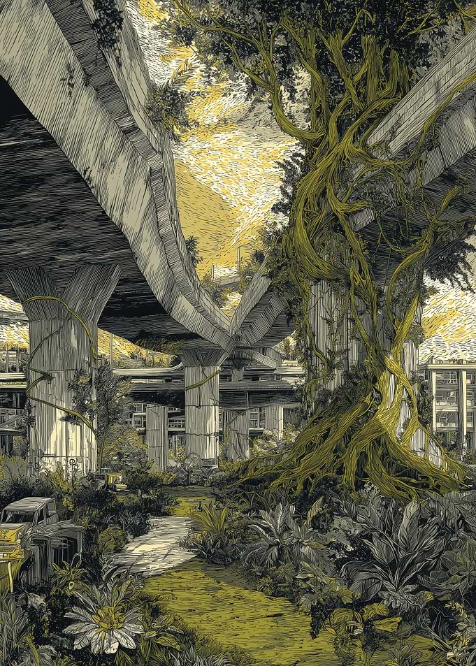 Overgrown Cityscape with Elevated Highway