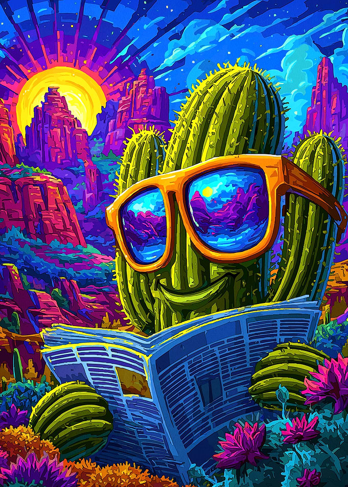 Cool Cactus Reading Newspaper