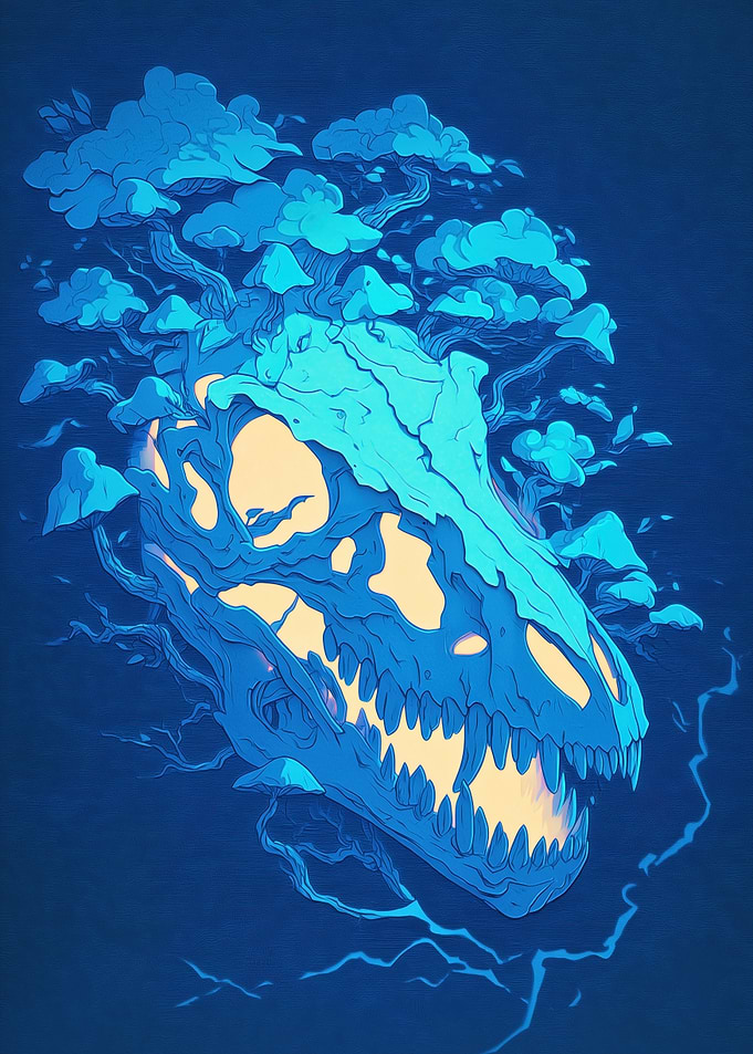 Blue Dinosaur Skull with Tree Crown