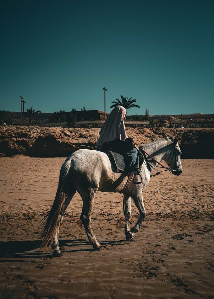 Woman riding horse on beach
