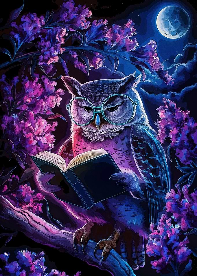 Owl Reading Book Moonlight