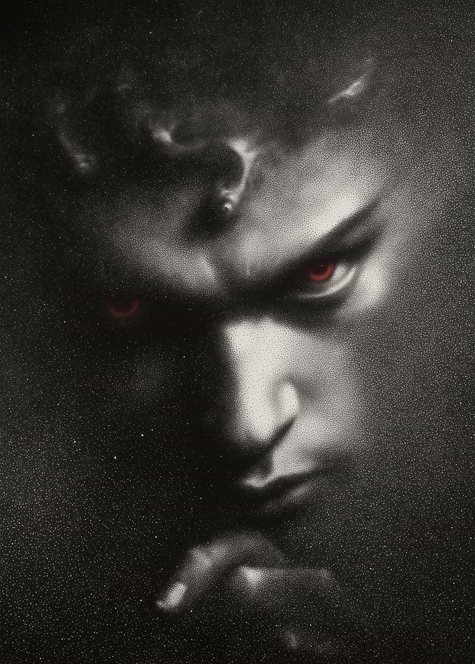 Monochrome Devil Portrait with Red Eyes
