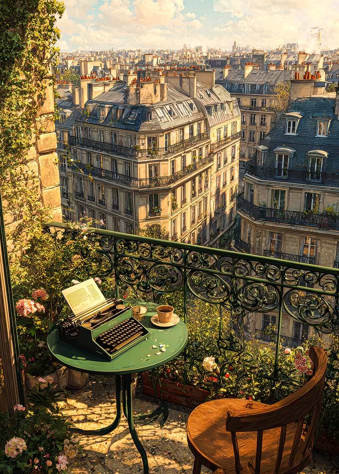 Parisian Balcony with Typewriter and Coffee