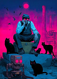 Man, Cats, and Robot in Industrial Setting