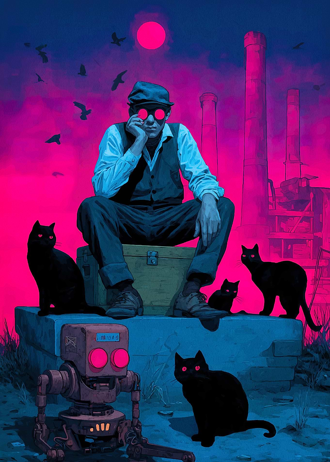 Man, Cats, and Robot in Industrial Setting