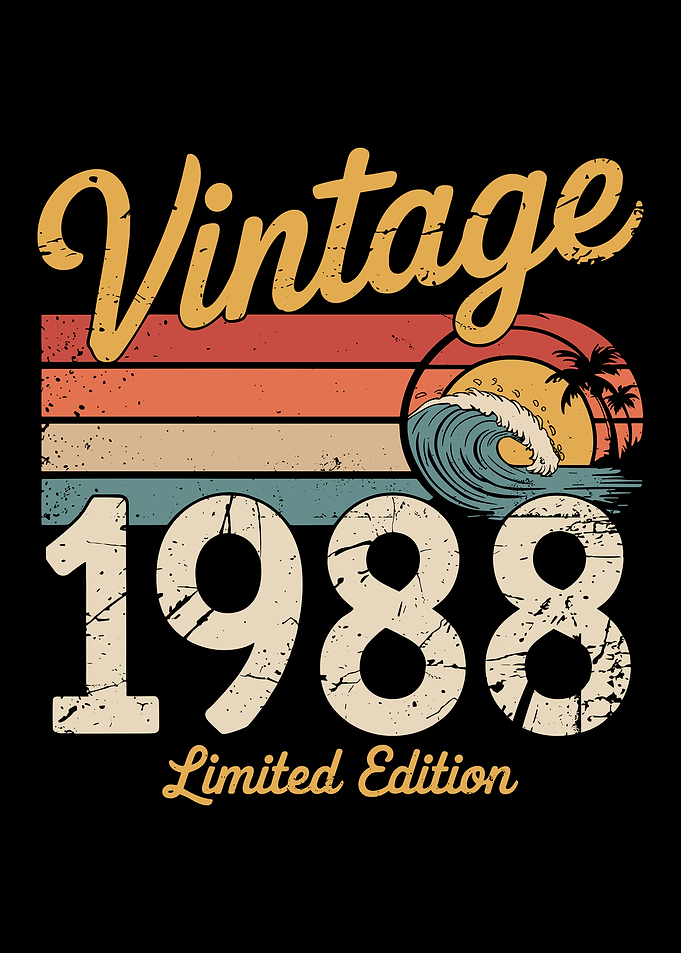 classic vintage retro sunset distressed palm trees 1988 limited edition 34th birthday 37 years old retro cute design cool colorful text on black background