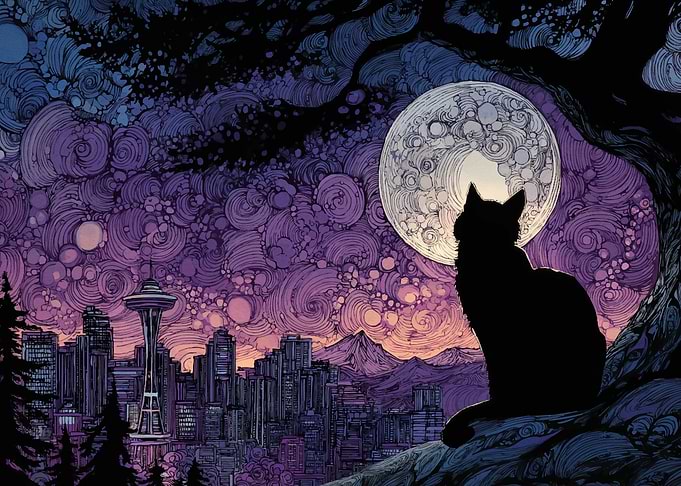 Seattle Skyline Cat and Moon
