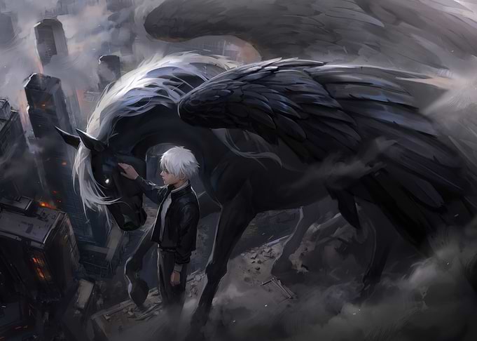 Boy and Pegasus in Ruined City