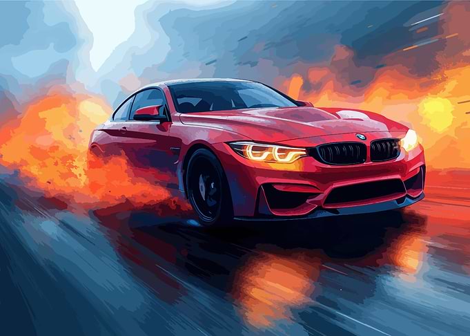 Red BMW M4 drifting with fire