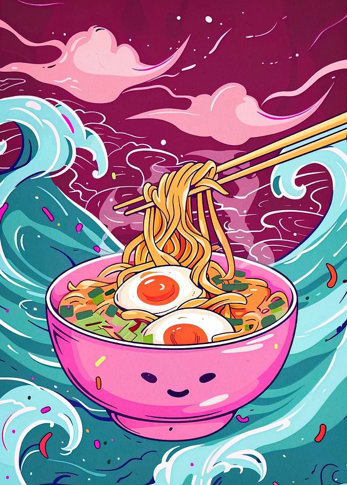 Cartoon Ramen Bowl with Ocean Waves